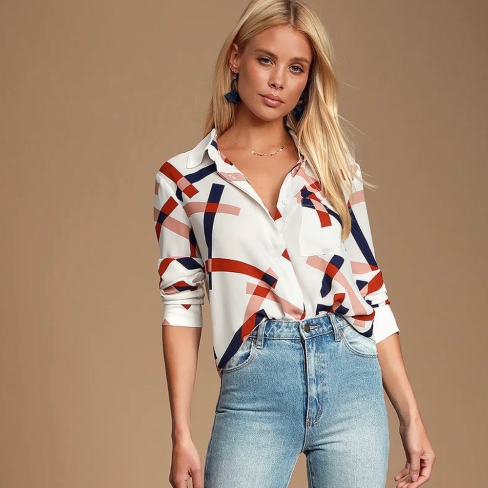 Lulus Camrose White Geometric Print Button-Up Long Sleeve